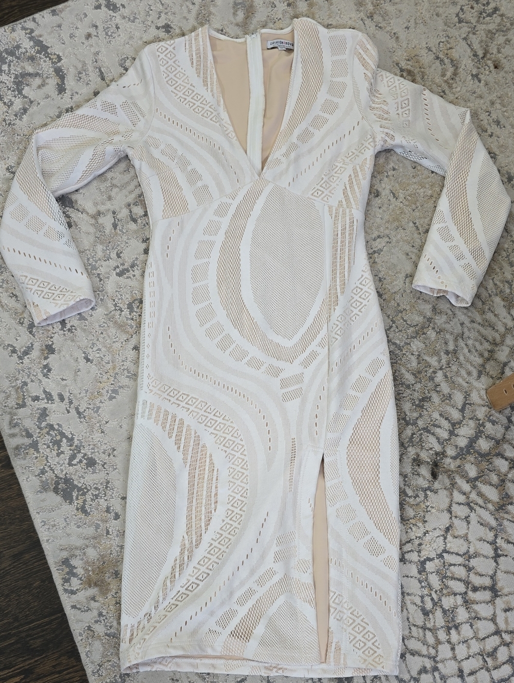 Fashion Nova Nude and Off-white Mesh V-Neck Dress